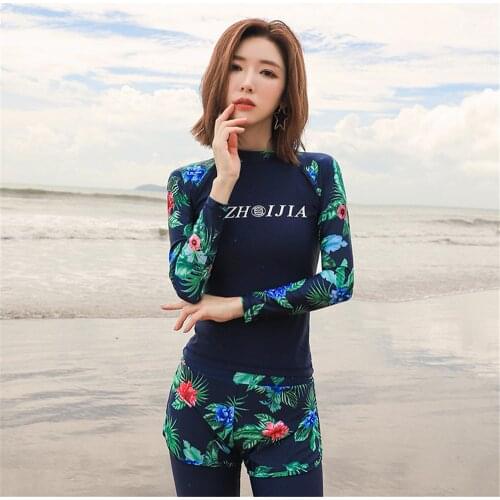 Long Sleeve Rash Guard Women Print Two Piece Swimsuit Long Panties Swimwear UV Protect Diving Suit Pad Surfing 4 Sets Shorts