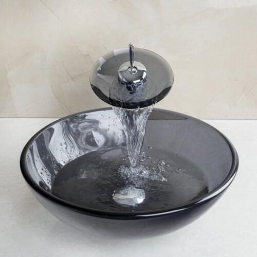 YANKSMART Tempered Glass Vessel Faucet Bowl Waterfall Spout Round Sink Bathroom Basin Hot & Cold Water Mixer Tap Counter Top