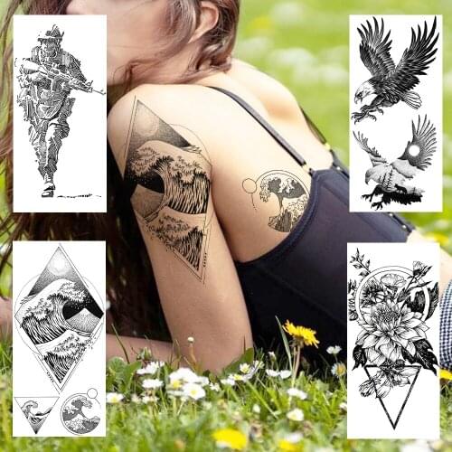 Black Wave Mountain Temporary Tattoos Sticker Fake Eagle Soldier Flower Tatoo 3D Realistic Body Art Tattoo For Men Women Adults
