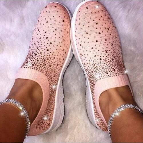 Womens Ladies Ankle Shoes Flat Loafers Crystal Fashion Bling Sneakers Casual Ladies Slip On Breathable Casual Shoes