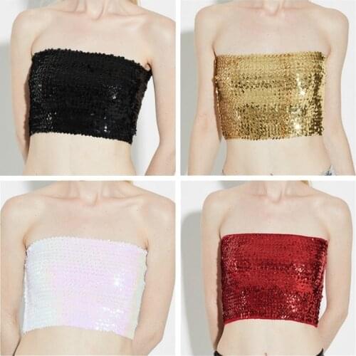 Women Grils Belly Dance Party Wrap Bandeau Sequin Shiny Strapless Glitter Vest Club Costumes Crop Top 923-100