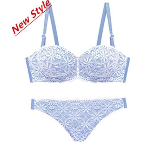 For Lady Sweet Lace Patchwork Bralet Flower Pattern Women Sexy Bra Push-up Thick Padded Bra And Panty Set Color Sky Blue Red DN