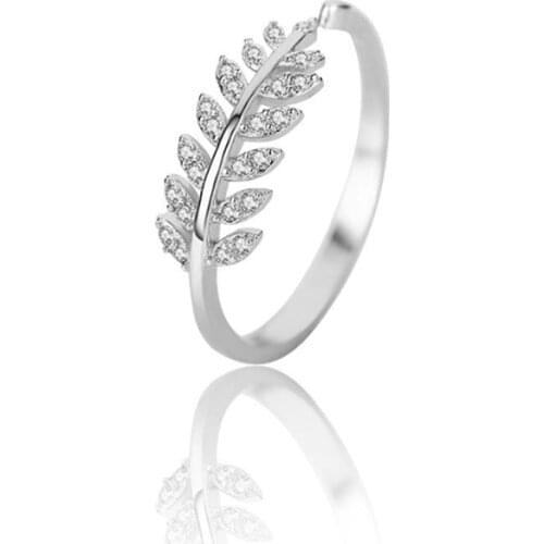 925 Sterling Silver Branches Leaves Inlaid With Zircon Rings for Women Men Adjustable Feather-shaped Open Ring Girls Gift