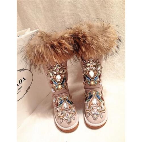 Winter new handmade luxury heavy-duty rhinestone totem snow boots fur one skin fox fur foreign trade large size riding boots