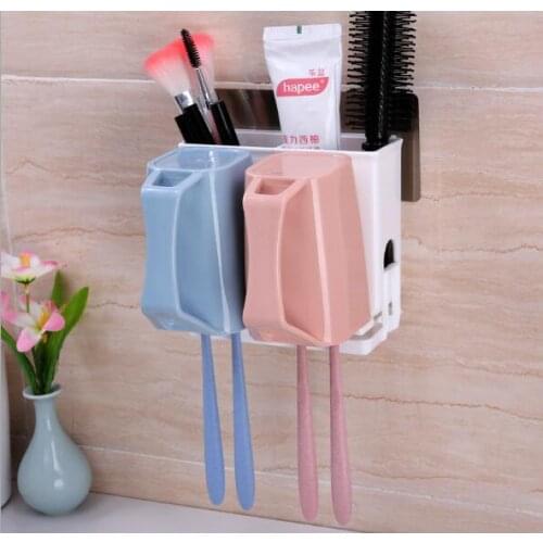1SET Multi-function Wall Hanging Traceless Sticking Toothbrush Rack Shelf Washing Cover Device Toothbrush Holder with Cup KP 024