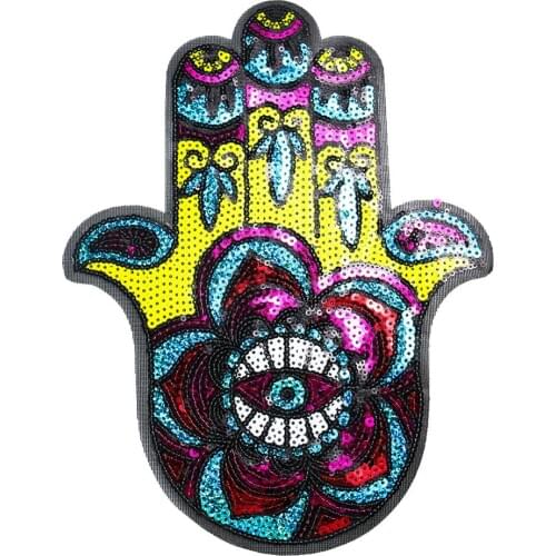 Hamsa Hand Iron-On Patch Embroidered Khamsah Eye Palm Hand Of Fatima Emblem Good Luck Blessing Evil Eye Protection Project DIY