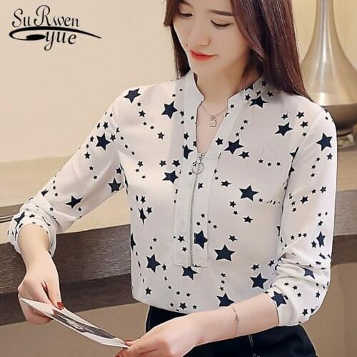 2021 spring ladies new chiffon shirt female long-sleeved V-neck Front chest zipper pullover stars dotted womens shirt 2216 50