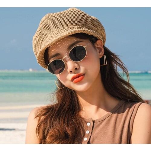 2021 Octagonal Cap Straw Women Summer Thin Newsboy Cap Painter Adjustable Rope Knitted Beret Mesh Breathable Boinas Para Mujer