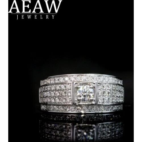 AEAW Luxury Pave Moissanite Ring 18k White Gold 0.2ct 0.85ctw Round Cut Brillant Moissanite Ring For Mens Wedding Mens Jewelry