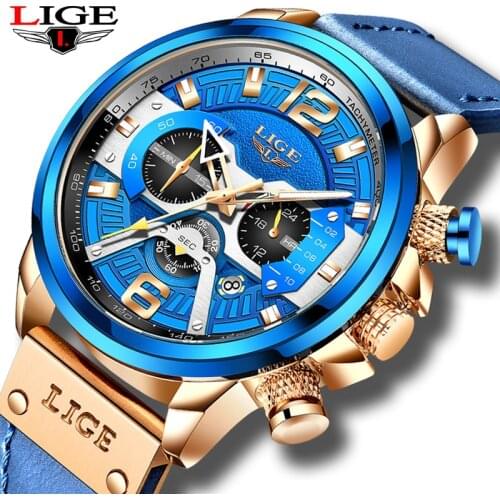 LIGE Military movement Watches for Men Blue Top Brand Luxury Military Leather WristWatch Man Clock Fashion Chronograph Watch+Box