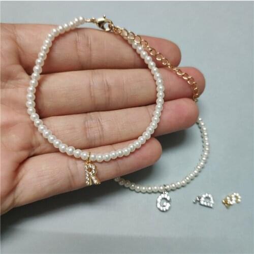 Pure white cz tiny gold initial 26 alphabet letter A-Z name charm pearl beaded bracelet for women girl birthday gift jewelry