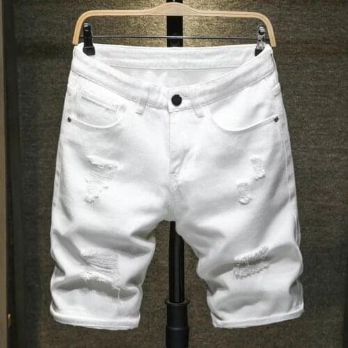 2021 Summer New Fashion Casual Slim Fit Ripped Retro Short White Jeans Male