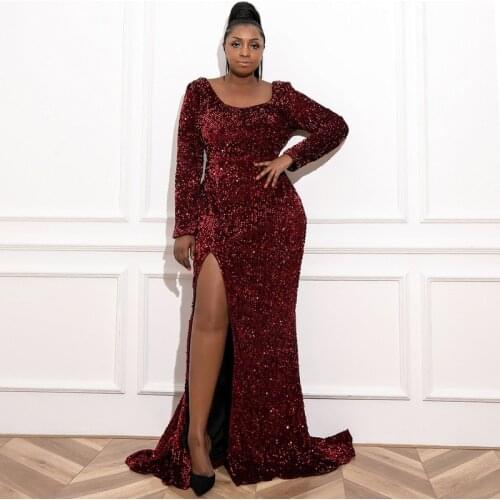 Elegant Sequin Evening Dresses For Women 2021 New Fashion Sexy Slit Bodycon Party Dress Plus Size Vestidos Red African Clothes