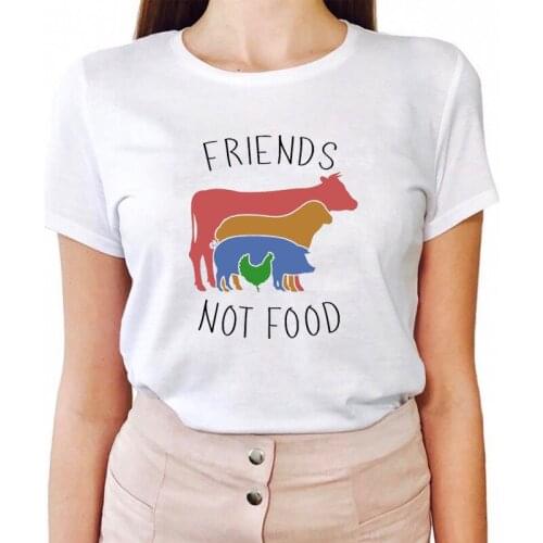 LUSLOS Animal Print T Shirt Cow Pig Dog Chicken Friends Not Food Funny Spoof Vegan T-shirts Simple Casual White Womens Clothes