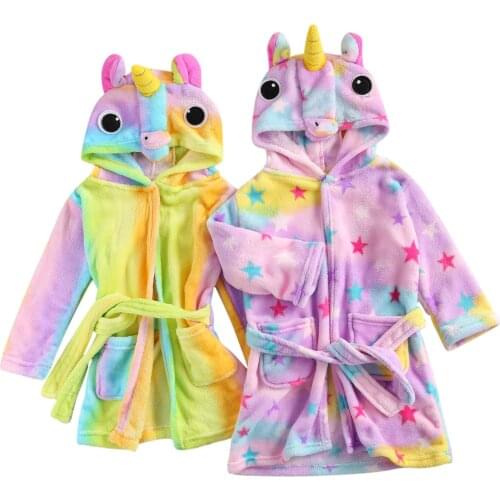 2021 Cartoon Childrens Robe Flannel Baby Bathrobe Long Sleeve Hooded Kids Bath Robe Lovely Unicorn Animal Child Boy Girls Robes