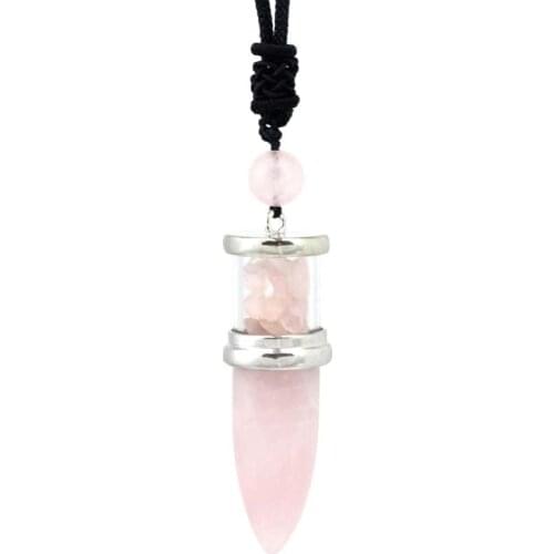 KFT Natural Healing Crystal Reiki Pendulums Necklace Rose Pink Quartz Bullet Shape Wish Bottle Pendulum Stone Pendant Jewelry