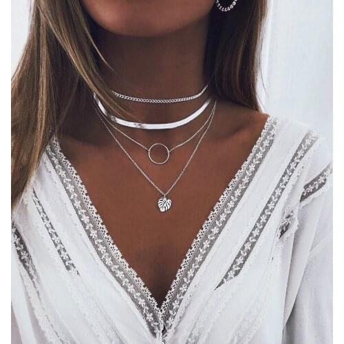 Trendy Bohemian Leaf Circle Choker Necklace For Woman Vintage Multilayer Chunky Chains Necklaces Fashion Collier Jewelry New HOT