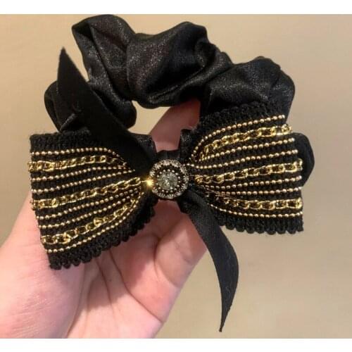 Korean Gold Chain with Black Bow Fabric Elastic Hair Bands For Women Polka Hair Rope Net Stain Crystal Headbands Rope Tie Female