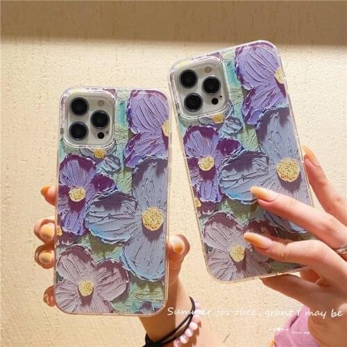 Retro Art Oil Painting Purple flowers Soft Phone Case For iphone 11 Pro Max Cover For iphone 12 mini X XR XS 6 6s 7 8 Plus Shell