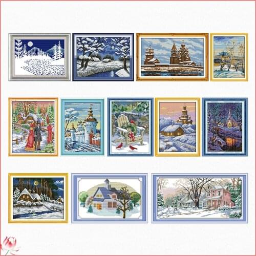 Beautiful Winter Snow Scene Cross Stitch Kit 14ct 11ct Printed Fabric Embroidery Kit DIY Handmade Needlework Home Deco Craft