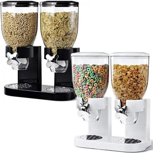 Indispensable Dry Food Dispenser, Dual Control Plastic Cereal Storage Box Dry Food Standard White Double Cereal Dispenser
