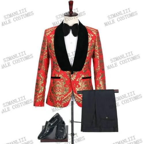 Latest Coat Pant Designs 2020 Custom Slim Fit Red Gold Floral Smoking Jacket Italian Tuxedo Dress Men Suits For Wedding Groom
