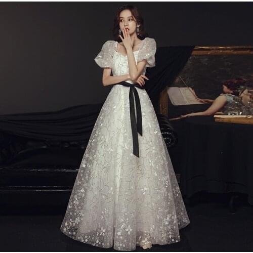 2021 new fashion long evening dress with sashes short sleeve formal dress a line prom party dresses Haute Couture