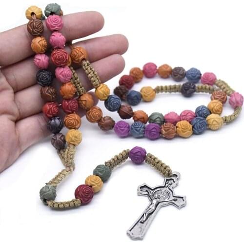 Religious Acrylic Colorful Rosary Beads Braided Rope Chain Necklace Christ Jesus Cross Pendant Necklace Christian Prayer Jewelry