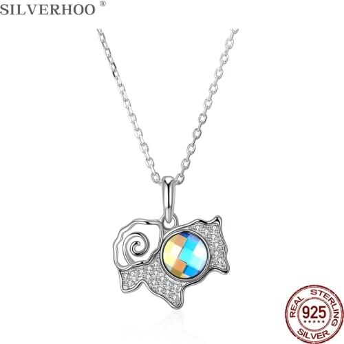 SILVERHOO Cute Sheep Animal Pendant Necklace Sterling Silver 925 Jewelry Dazzling Austria Crystal Necklaces For Women Party Gift