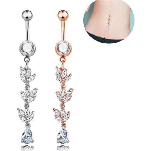 Punk Rose Gold Surgical Steel Dangle Navel Rings Crystal Navel Bars Fashion Women Belly Button Ring Piercing Body Jewelry