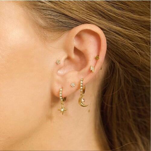 Gold filled northstar moon hoop earring with round white fire opal stone multi piercing elegance earrings for women girls