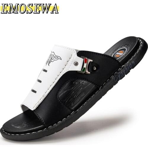 EMOSEWA Genuine Leather Slippers for Men Summer Hot Sale Slides Male Sandals Beach Outsides Shoes Hombre Sandals Outside Shoes