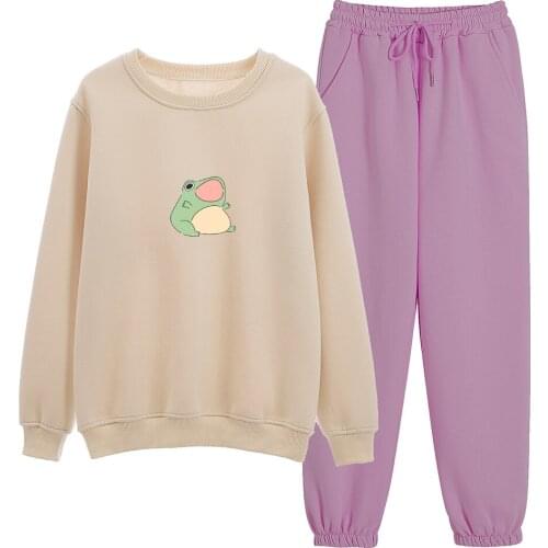 Kawaii Frog Sweatshirt Cotton Two-piece Suit Pullover Autumn Winter Cute Hoodies for Girls Full Sleeve Aesthetic Sweatpants Set