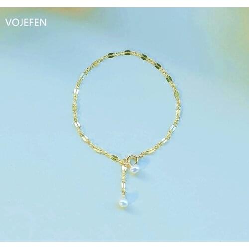 VOJEFEN AU750 18k Real Gold Lips Chain Bracelets for Women, Dainty Link With White Pearl Drop Pure Golden Bracelet for Girls