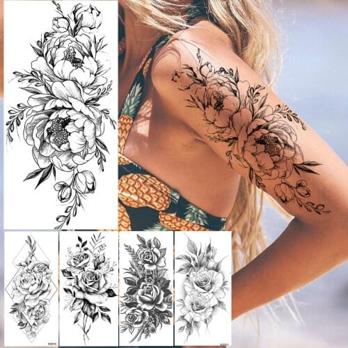 3D Black Flower Temporary Tattoos Sticker Realistic Fake Washable Rose Tattoo Decal For Adult Body Art Legs Arm Creative Tatoos
