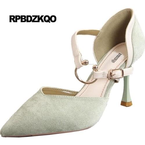 Suede Pumps Size 4 34 2021 Green Shoes For Women Strap Office High Heels Pointed Toe Stiletto Evening Metal Work Designer