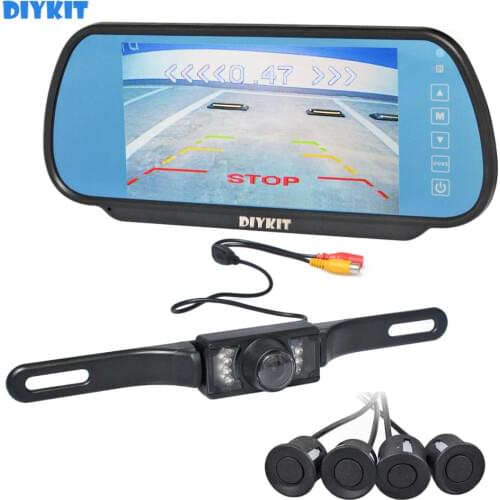 DIYKIT 7" Rear View Car Mirror Monitor + 18 Colors Video Parking Radar + IR Car Camera Parking Assistance System