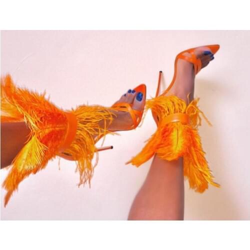Linamong New Summer Hot Woman Orange Pink White Black Feather Sandals 120 mm Stiletto Heels Party Clip Toe Fashion Sandals Shoes