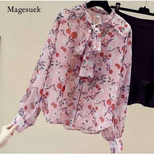 Women Autumn Bow Print Vintage Women Blouses Loose Casual Shirts Long Sleeve Cardigan Chiffon Women 2020 New Blouse Blusas 11160