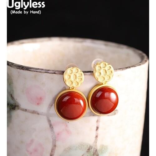 Uglyless Knocked like a Lotus Earrings for Women Perfect Round Agate Gemstone Studs Earrings Antioxidant Gold 925 Silver Brincos