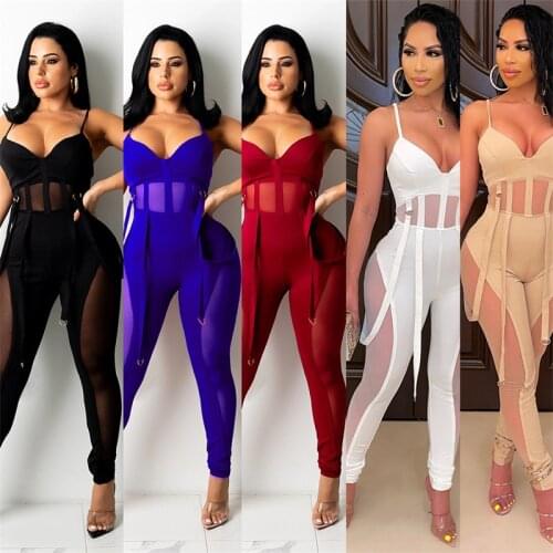 Zoctuo Casual Jumpsuits For Women Summer V Neck Spaghetti Strap Jumpsuits And Rompers Mesh Patchwork Sexy Tight Girl Romper Club