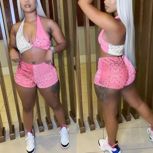 Women Two-piece Swimming Clothes Set 2021 Bandana Print Variegated Color Halter Neck Sleeveless Crop Tops and Shorts