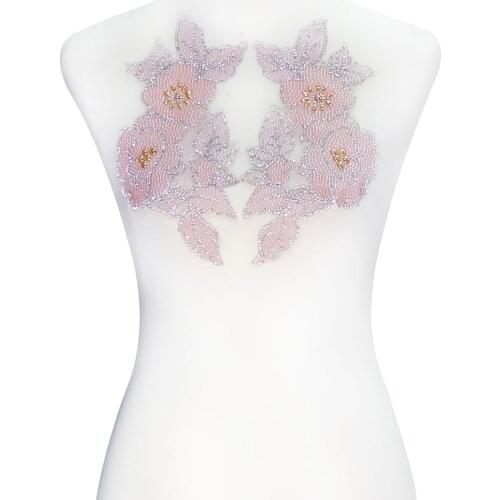 1pair Pink Hotfix Crystal Rhinestones Iron On Applique Heat Transfer Sticker Lace Motif Clothes Decorated Sewing Supplies T2282