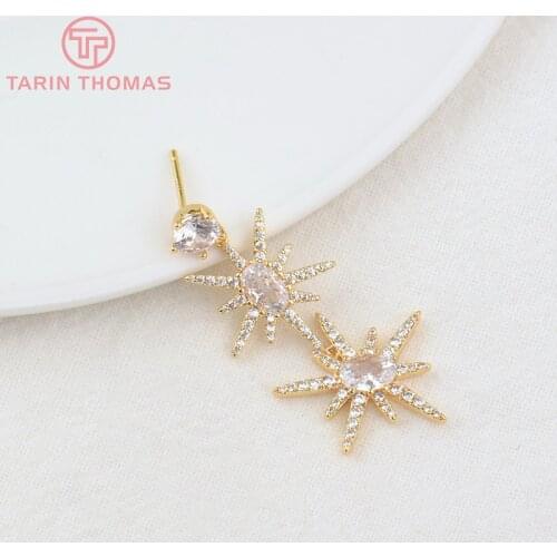 2PCS 18x38MM 24K Gold Color Brass with Zircon Star Stud Earrings High Quality Diy Jewelry Findings Accessories
