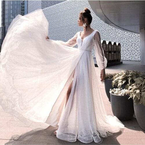Eightree Sparky White Wedding Dresses Long Sleeve Sexy Wedding Gowns Crystals Belt Bridal Dress Split Side Vestido de Noiva