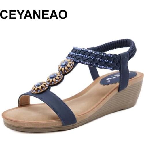 CEYANEAO2021 New Womens Shoes Bohemia Beach Holiday Wooden Bead Diamond Slope Heel Elastic Band Large Size Sandals