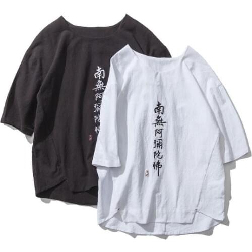 Summer cotton&linen buddhism namo amida butsu embroidery shaolin monks suits lay meditation clothing uniforms t-shirts