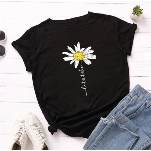 Summer XS-2XL Oversized T Shirt Cute Daisy Print T-Shirt 100%Cotton Women Tshirts O Neck Short Sleeve Tee