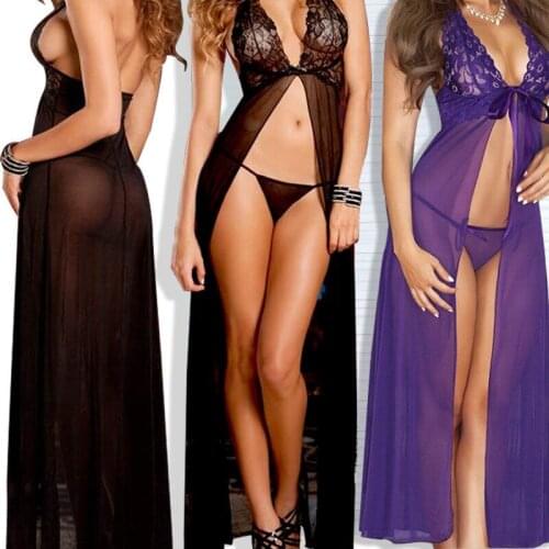 Hot Sleep wear Sleepdress Sexy Lace Solid V-neck Dress Sexy Lingerie Underwear Black Babydoll Sleepwear and G-string Night Dress