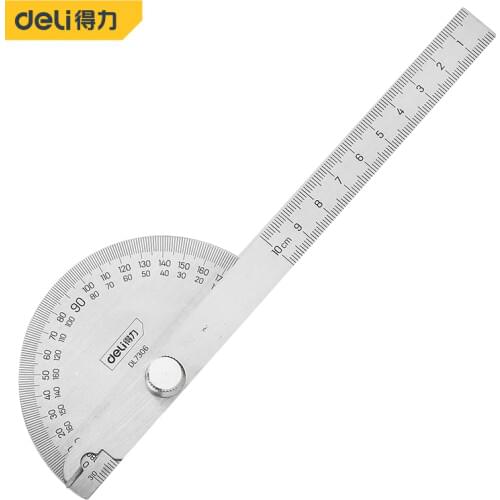 Deli Stainless Steel Protractor Round Head Rotary Angle Rule Metal Arm Ruler Adjustable Multifunction Mathematics Measuring Tool